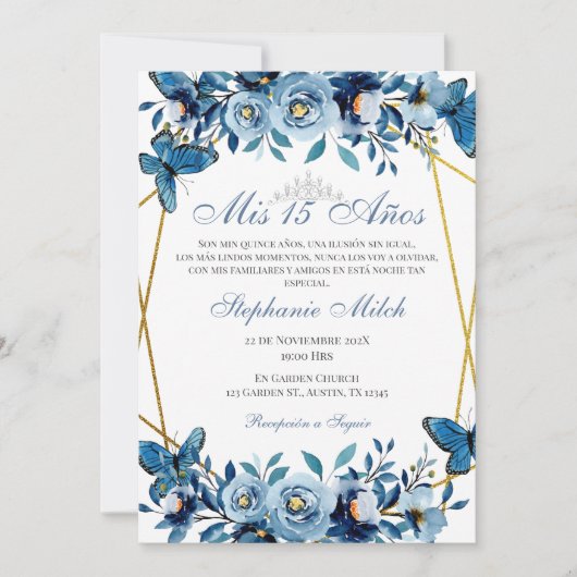 キンセアニェラネイビーフローラ招待状蝶 招待状 (正面)