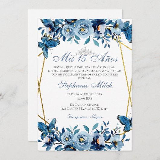 キンセアニェラネイビーフローラ招待状蝶 招待状 (正面/裏面)