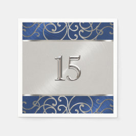 キンセアニェラネイビーブルーとシルバーフィリグリーの渦巻き スタンダードカクテルナプキン