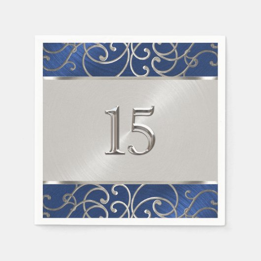 キンセアニェラネイビーブルーとシルバーフィリグリーの渦巻き スタンダードカクテルナプキン (正面)