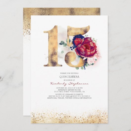 キンセアニェラネイビーブルーとブルゴーニュ15誕生日 招待状 (正面/裏面)