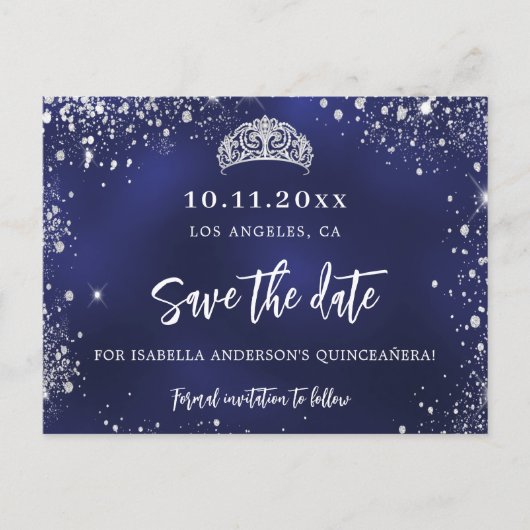 キンセアニェラネイビーブルーシルバーティアラ日付保存 案内ポストカード (正面)