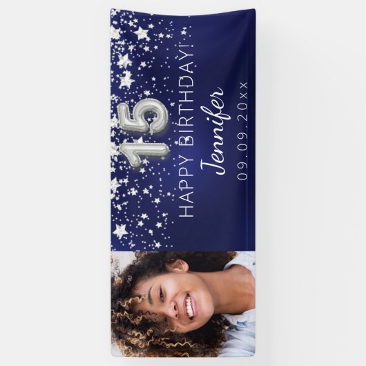 キンセアニェラネイビーブルー銀星写真パーティー 横断幕 (縦)