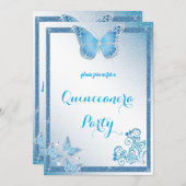 キンセアニェラバタフライブルーグリッターエレガントダイヤモンド 招待状 (正面/裏面)