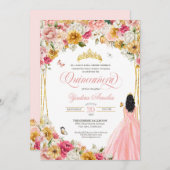 キンセアニェラバタフライ赤面ピンクイエローフローライン 招待状 (正面/裏面)