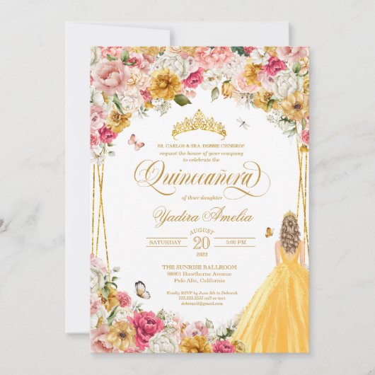 キンセアニェラバタフライ赤面ピンクイエローフローライン 招待状 (正面)