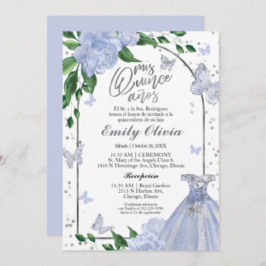 キンセアニェラバターフリスダスティブルーガウンスペインの 招待状 (正面/裏面)