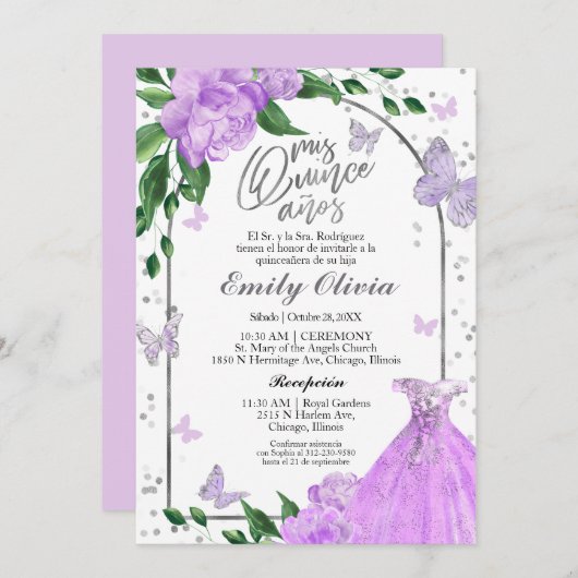 キンセアニェラバターフリスラベンダーガウンスペインの 招待状 (正面/裏面)