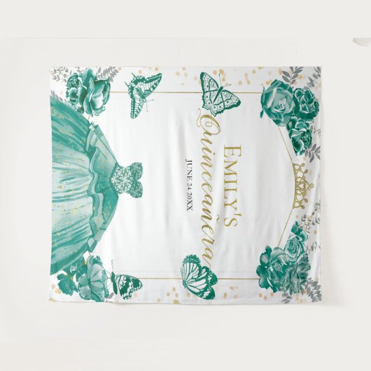 キンセアニェラバックグラウンドエメラルドグリーンドレスフローラ タペストリー (正面(横))