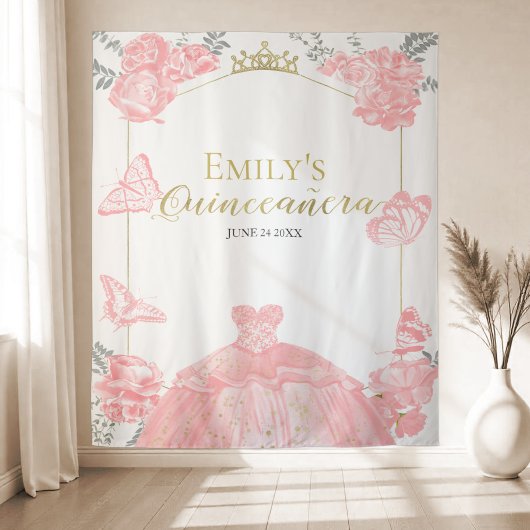 キンセアニェラバックドランドピンクドレスフローラゴールドフォイル タペストリー