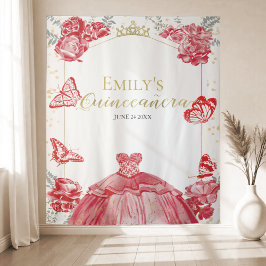 キンセアニェラバックドランドレッドドレスフローラゴールドフォイル タペストリー