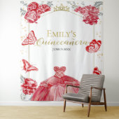 キンセアニェラバックドランドレッドドレスフローラゴールドフォイル タペストリー (インサイチュ)