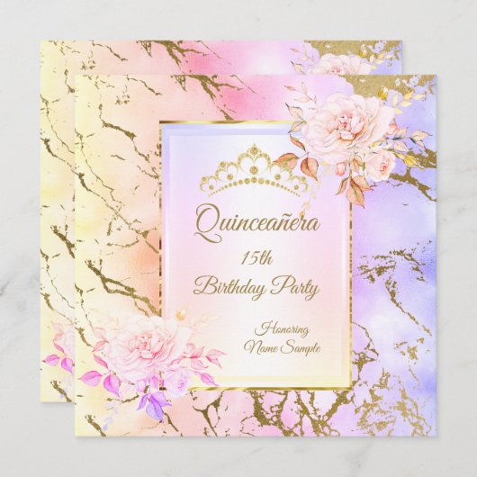 キンセアニェラバラパープルピンク金ゴールド誕生日パーティー 招待状 (正面/裏面)