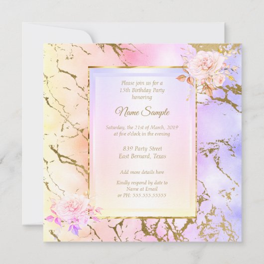 キンセアニェラバラパープルピンク金ゴールド誕生日パーティー 招待状 (裏面)