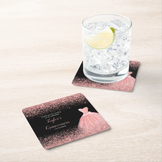 キンセアニェラバラピンクフェイクグリッターバースデーパーティー スクエアペーパーコースター (インサイチュ)