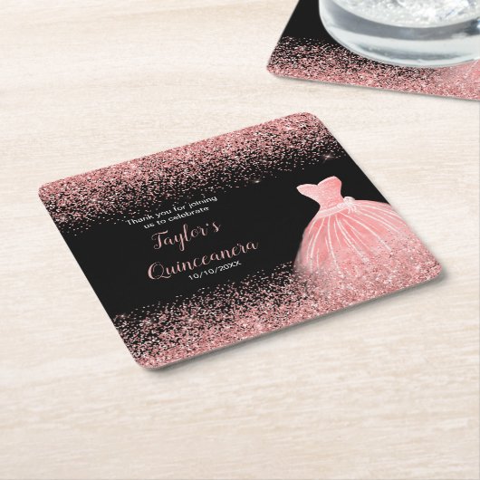 キンセアニェラバラピンクフェイクグリッターバースデーパーティー スクエアペーパーコースター (アングル)