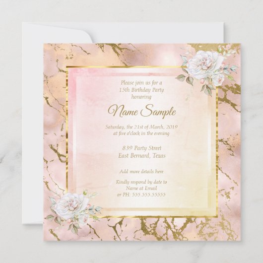 キンセアニェラバラピンク金ゴールドバースデーパーティー招待状2 招待状 (裏面)