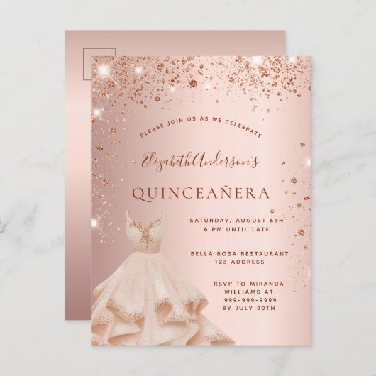 キンセアニェラバラ金ゴールドグリッタースパークルドレス インビテーションポストカード (正面/裏面)