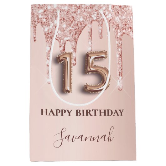 キンセアニェラバラ金ゴールドグリッターピンクバルーンスタイル ミディアムペーパーバッグ (正面)