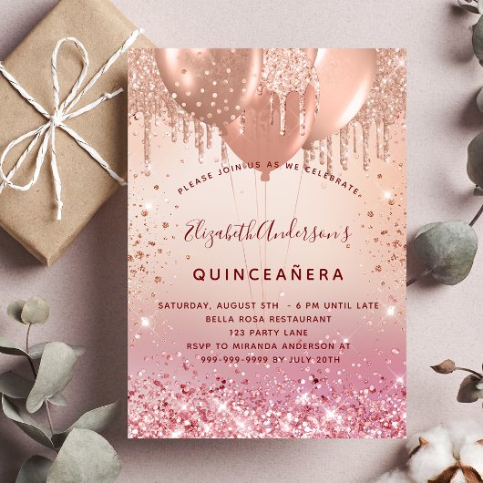 キンセアニェラバラ金ゴールドピンクグリッターバルーンgram 招待状