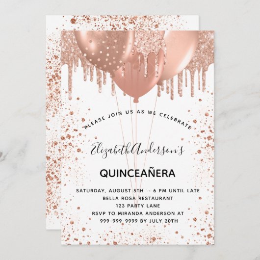 キンセアニェラバラ金ゴールド白グリッター風船 招待状 (正面/裏面)