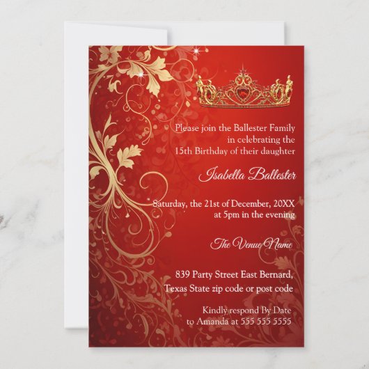 キンセアニェラバースデーパーティーエキゾチック赤金ゴールドドレス 招待状 (裏面)