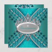 キンセアニェラバースデーパーティーティール（緑がかった色）ブルービーズ 招待状 (正面/裏面)