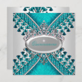 キンセアニェラバースデーパーティーティール（緑がかった色）ブルーホワイトビーズ 招待状 (正面/裏面)