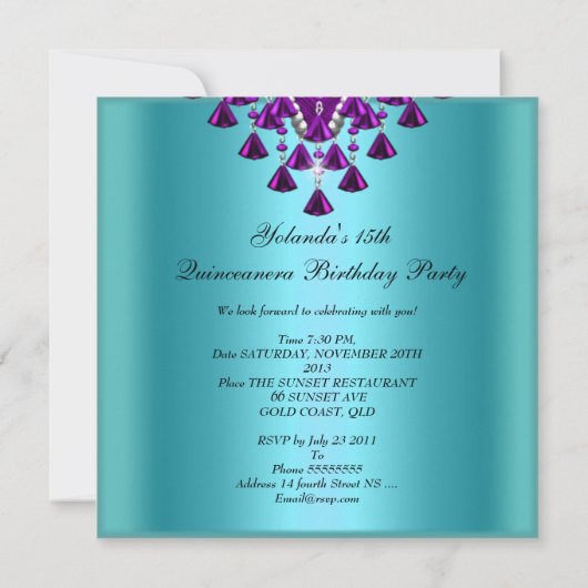 キンセアニェラバースデーパーティーパープルティール（緑がかった色）ブルー 招待状 (裏面)