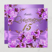 キンセアニェラバースデーパーティーパープルピンクローズボウ 招待状 (正面/裏面)