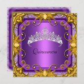 キンセアニェラバースデーパーティーパープル金ゴールドホワイトティアラ 招待状 (正面/裏面)