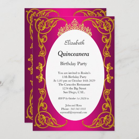 キンセアニェラバースデーパーティーピンク金ゴールド 招待状 (正面/裏面)