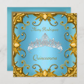 キンセアニェラバースデーパーティーブルー金ゴールドホワイトティアラ 招待状 (正面/裏面)