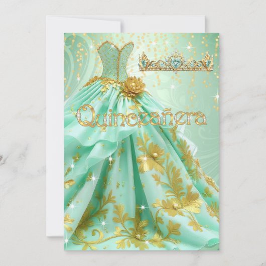 キンセアニェラバースデーパーティーミントグリーン金ゴールドドレス 招待状 (正面)