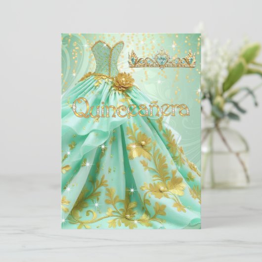 キンセアニェラバースデーパーティーミントグリーン金ゴールドドレス 招待状 (スタンド正面)