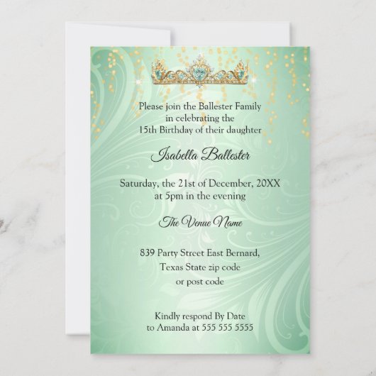 キンセアニェラバースデーパーティーミントグリーン金ゴールドドレス 招待状 (裏面)