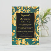 キンセアニェラバースデーパーティー金ゴールドティール（緑がかった色）ブラックフローラ 招待状 (スタンド正面)