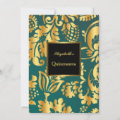キンセアニェラバースデーパーティー金ゴールドティール（緑がかった色）ブラックフローラ 招待状 (裏面)