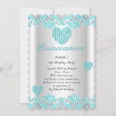 キンセアニェラパーティーかわいらしティール（緑がかった色）ブルーハートレース 招待状 (正面)