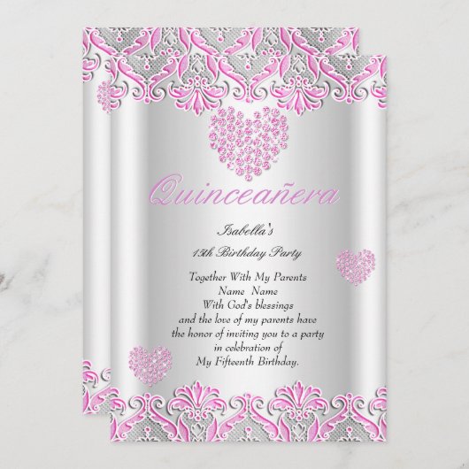 キンセアニェラパーティーかわいらしピンクハートレース4 招待状 (正面/裏面)