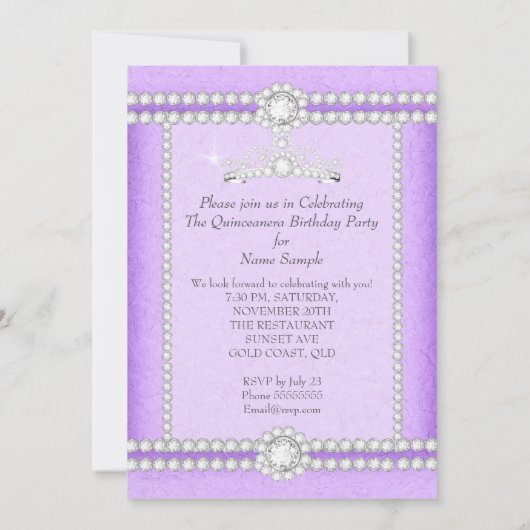 キンセアニェラパーティーかわいらし薄紫ハートティアラ 招待状 (裏面)