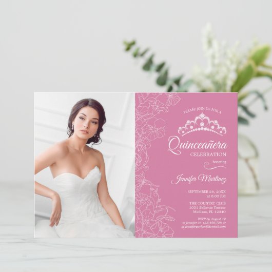 キンセアニェラパーティーと写真 – ピンクの白フローラ 招待状 (スタンド正面)