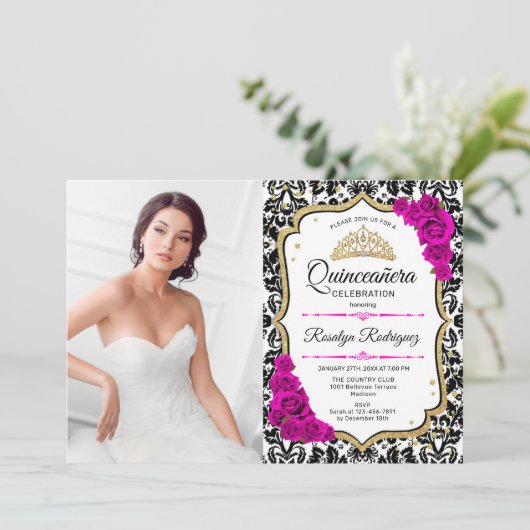 キンセアニェラパーティーと写真 – ピンク金ゴールドブラック 招待状 (スタンド正面)