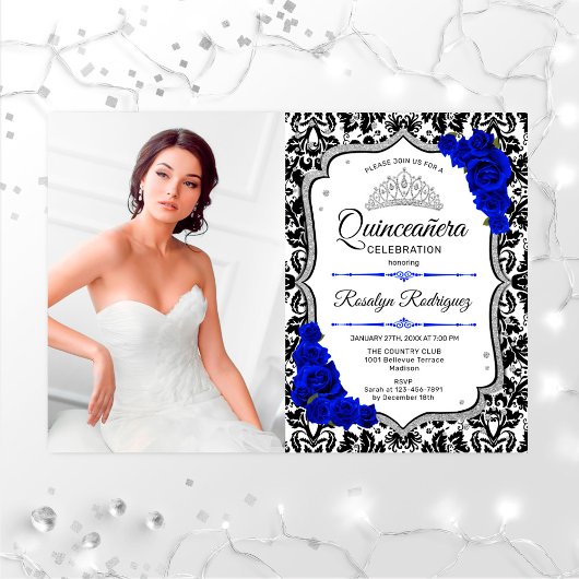 キンセアニェラパーティーと写真 – 王室の Blue Silver 招待状