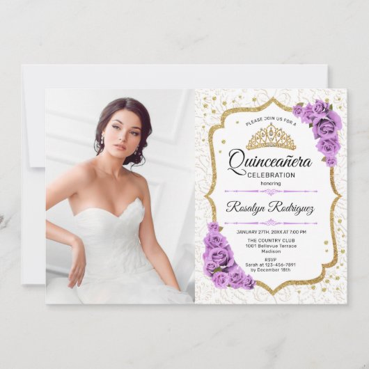 キンセアニェラパーティーと写真 – 白金ゴールド紫 招待状 (正面)