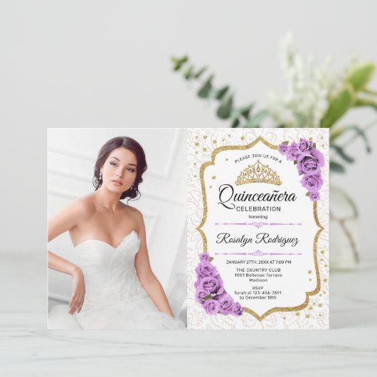 キンセアニェラパーティーと写真 – 白金ゴールド紫 招待状 (スタンド正面)