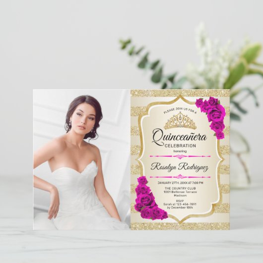 キンセアニェラパーティーと写真 – 金ゴールドピンク 招待状 (スタンド正面)