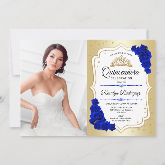 キンセアニェラパーティーと写真 – 金ゴールド王室のブルー 招待状 (正面)