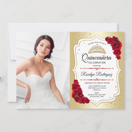 キンセアニェラパーティーと写真 – 金ゴールド白赤 招待状 (正面)