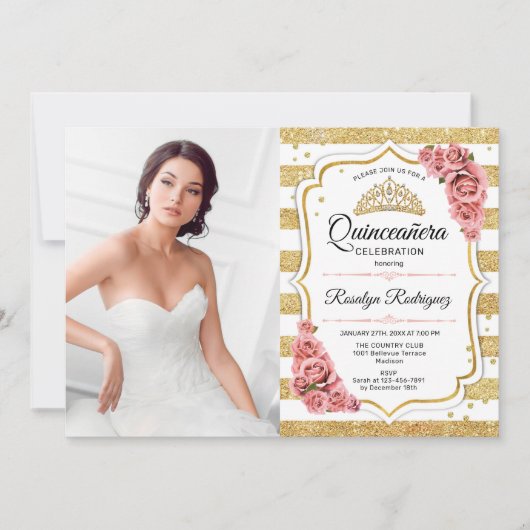 キンセアニェラパーティーと写真 – 金ゴールド赤面ピンク 招待状 (正面)